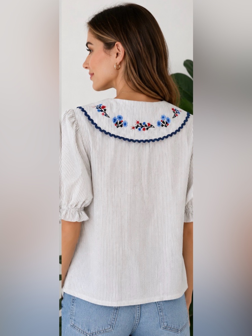 Caroline Constas Embroidered Striped Puff Sleeve Tie Front Top – NWT – Size M - Picture 2 of 4